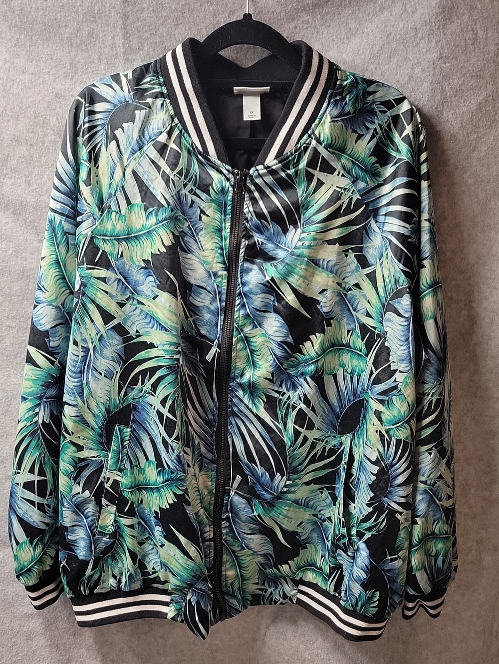 Ava & Viv Black Tropical Leaf Bomber Jacket